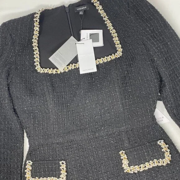 Nadine Merabi Natalie Black Tweed Dress Medium NWT $545 - Picture 7 of 12